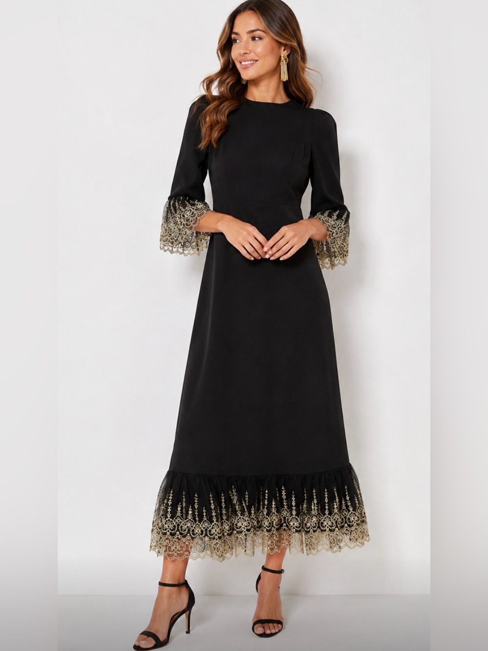 Pomander Place Elegant Black Dress with Gold Lace Trim medium